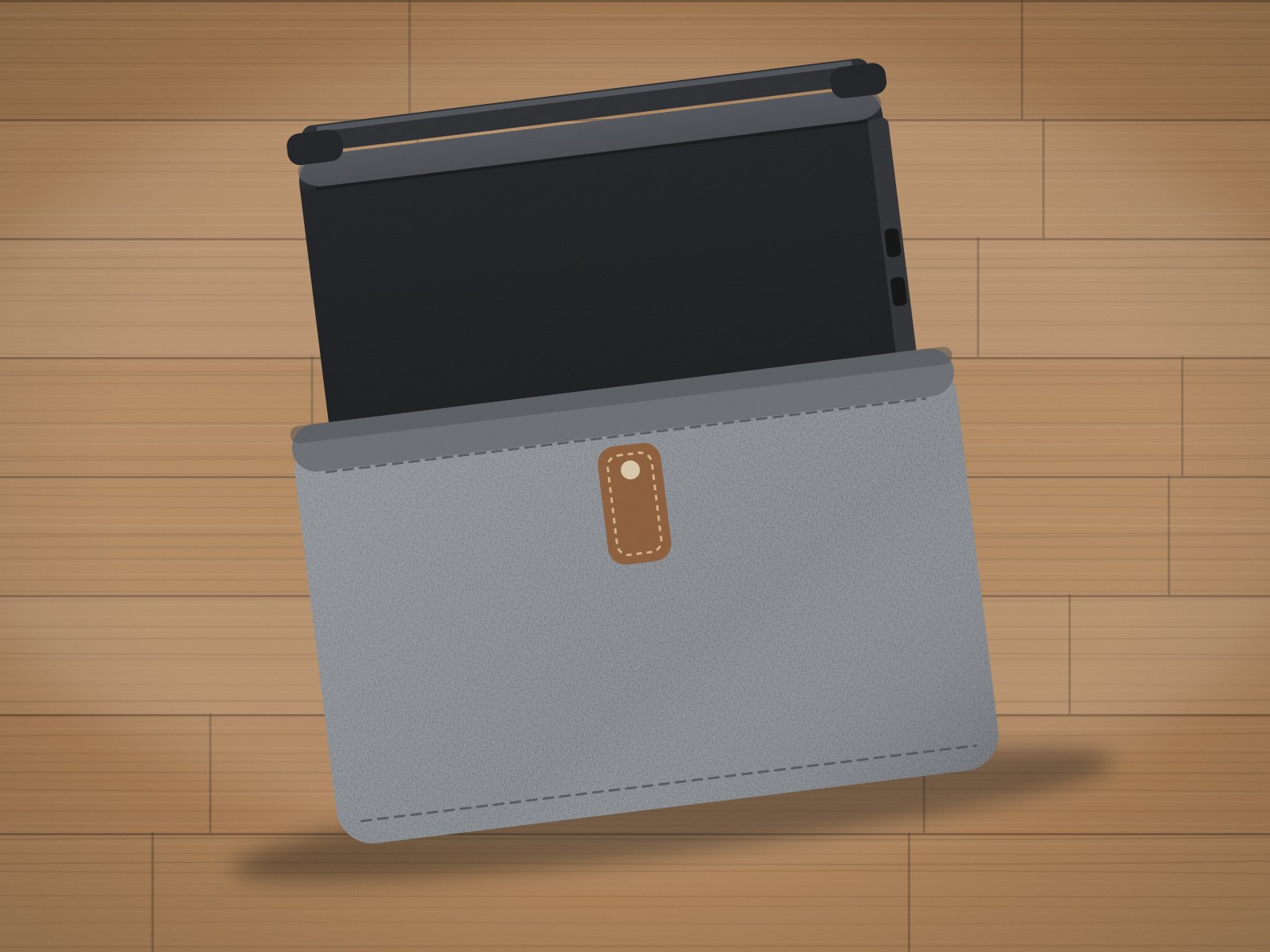 Black laptop in a grey sleeve